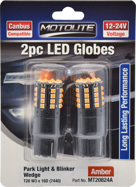 2pc LED Globes T20 W3 x 16Q (7443) Amber - Motolite