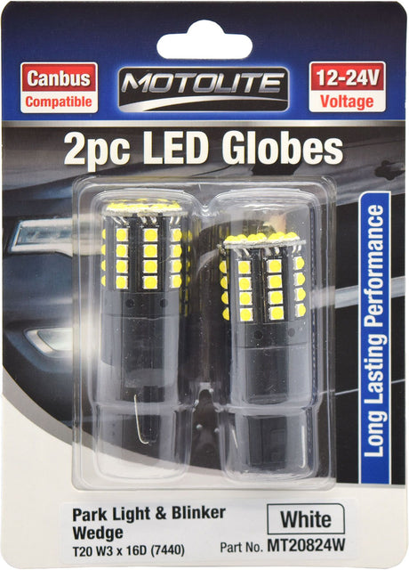 2pc LED Globes T20 W3 x 16Q (7443) White - Motolite