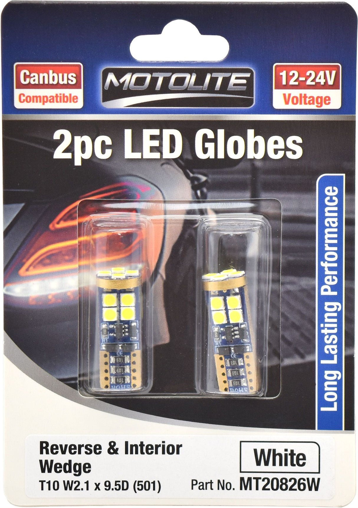 2pc LED Globes T10 W2.1 x 9.5D (501) White - Motolite