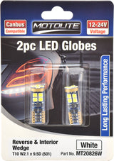 2pc LED Globes T10 W2.1 x 9.5D (501) White - Motolite