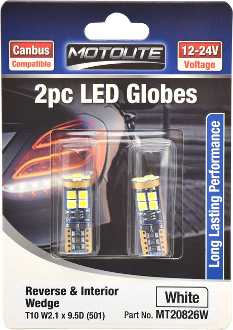 2pc LED Globes T10 W2.1 x 9.5D (501) White - Motolite