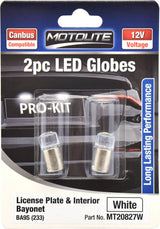 2pc LED Globes BA9S (233) White - Motolite