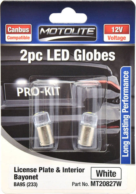 2pc LED Globes BA9S (233) White - Motolite