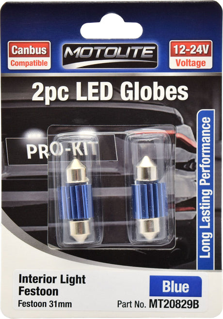 2pc LED Globes Festoon 31mm Blue - Motolite