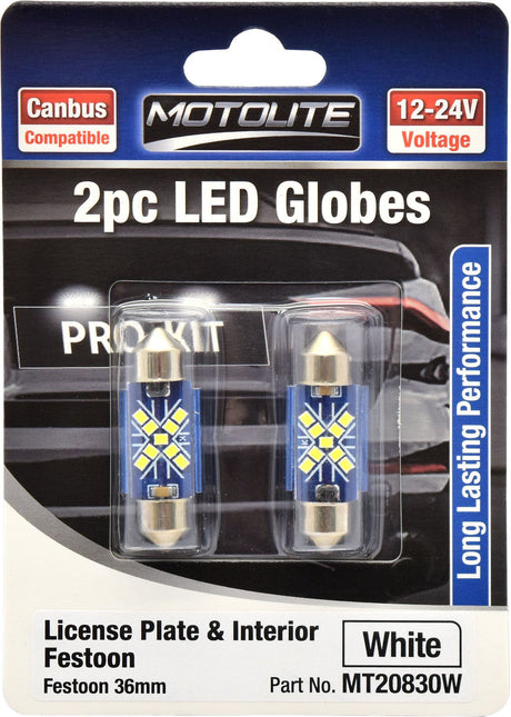2pc LED Globes Festoon 36mm White - Motolite
