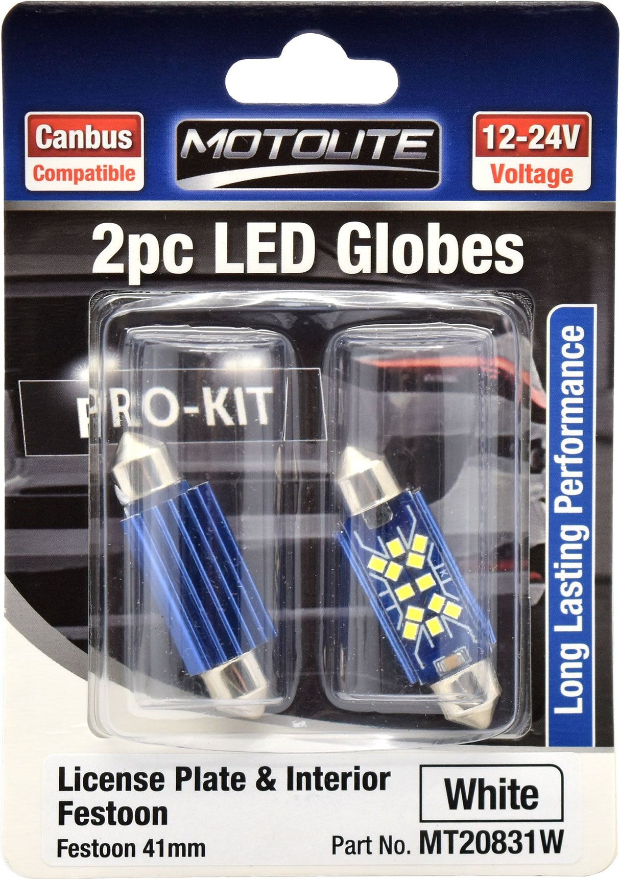 2pc LED Globes Festoon 41mm White 12-24V - Motolite