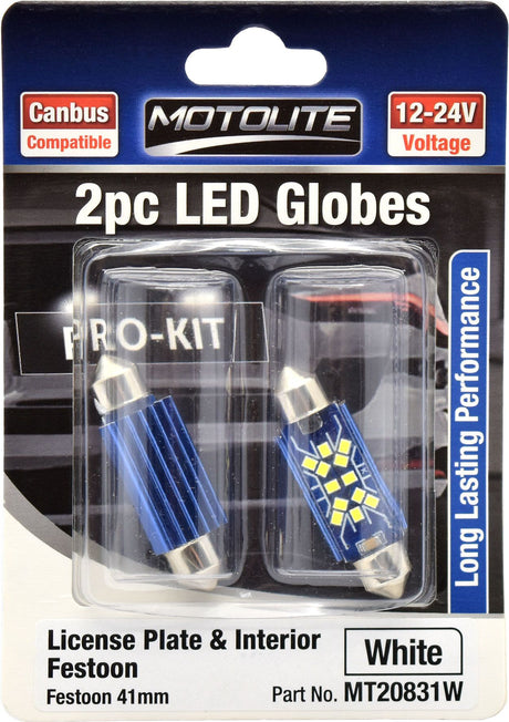 2pc LED Globes Festoon 41mm White 12-24V - Motolite