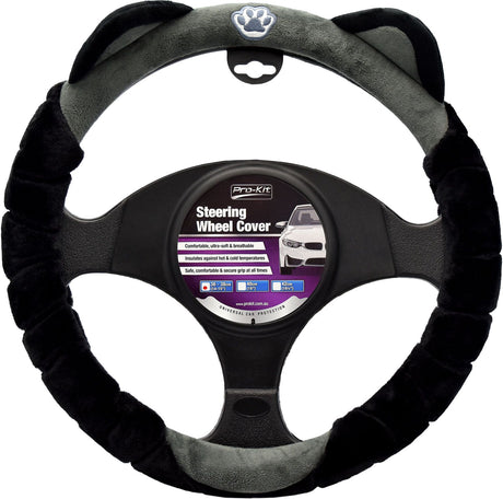 Black & Grey Steering Wheel Cover with Cat Ears 36-38cm - PC Procovers | Universal Auto Spares