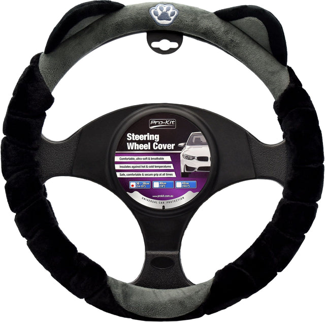 Black & Grey Steering Wheel Cover with Cat Ears 36-38cm - PC Procovers | Universal Auto Spares