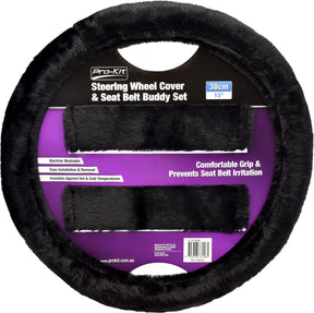 Black Fur Feel Steering Wheel Cover & Seat Belt Buddy Set 38cm - PC Procovers | Universal Auto Spares