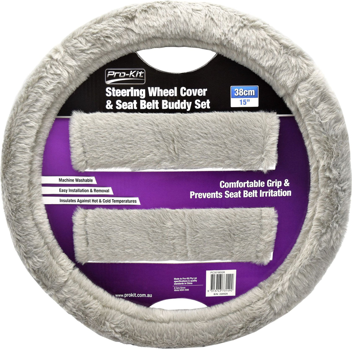 Grey Fur Feel Steering Wheel Cover & Seat Belt Buddy Set 38cm - PC Procovers | Universal Auto Spares