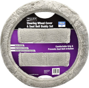 Grey Fur Feel Steering Wheel Cover & Seat Belt Buddy Set 38cm - PC Procovers | Universal Auto Spares