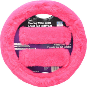 Pink Fur Feel Steering Wheel Cover & Seat Belt Buddy Set 38cm - PC Procovers | Universal Auto Spares