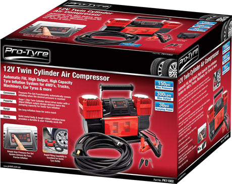 Heavy-Duty 12V Air Compressor Twin Cylinder, 150PSI Max, 300LPM Output - ProTyre | Universal Auto Spares