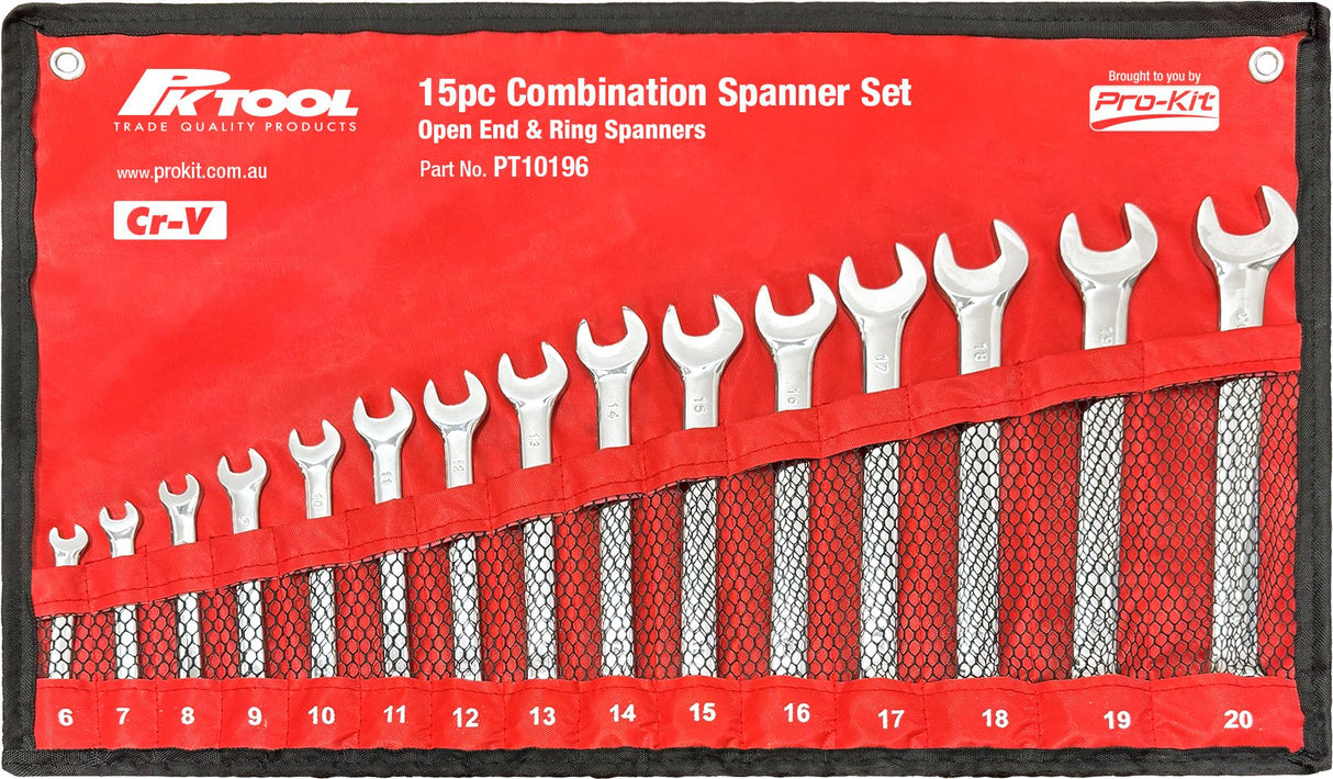 15pc 6mm to 20mm Combination Spanner Set with Roll-Up Pouch – PKTool