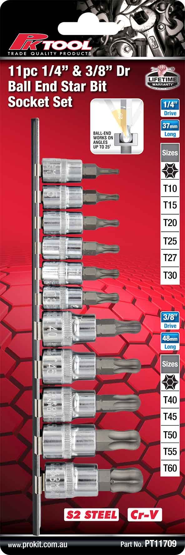 11 Piece 1/4” & 3/8” Dr Ball End Star Bit Socket Set - PKTool