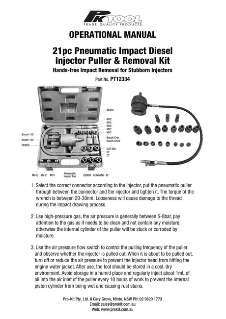 21 Piece Pneumatic Impact Diesel Injector Puller & Removal Kit - PKTool | Universal Auto Spares