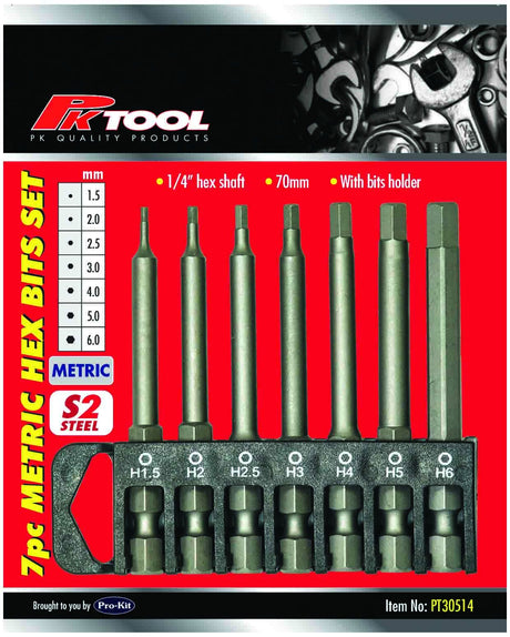 7 Piece 1/4” Hex 70mm Metric Power Bit Hex Bits Set - PKTool | Universal Auto Spares