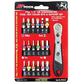19 Pieces 1/4” DR Cr-V Color Screwdriver, Star, Hex Bits & Ratchet Set - PKTool