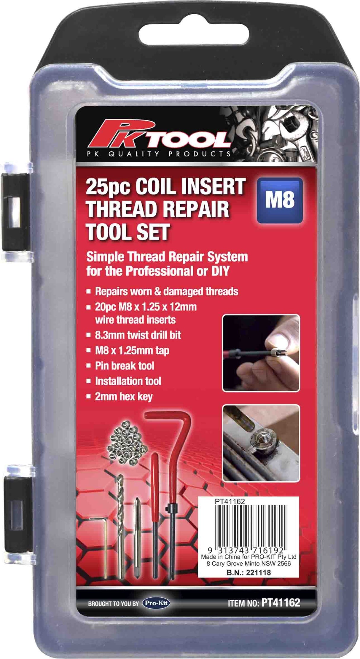 Thread Repair Kit 15 Pieces Coil Insert With Drill, Tap & Coils M12 x 1.5 x 18mm - PKTool | Universal Auto Spares