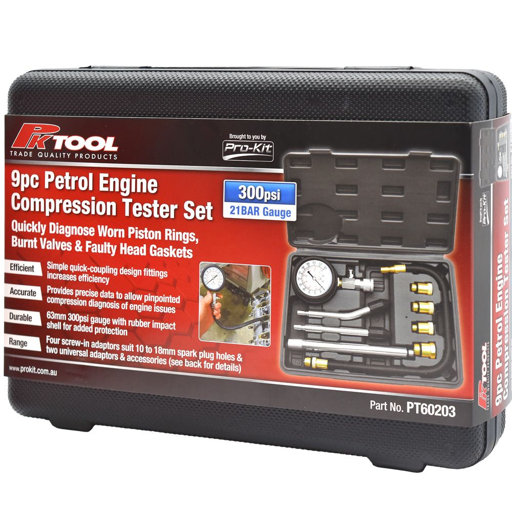 9pc Petrol Engine Compression Tester Set 300psi - PKTool | Universal Auto Spares