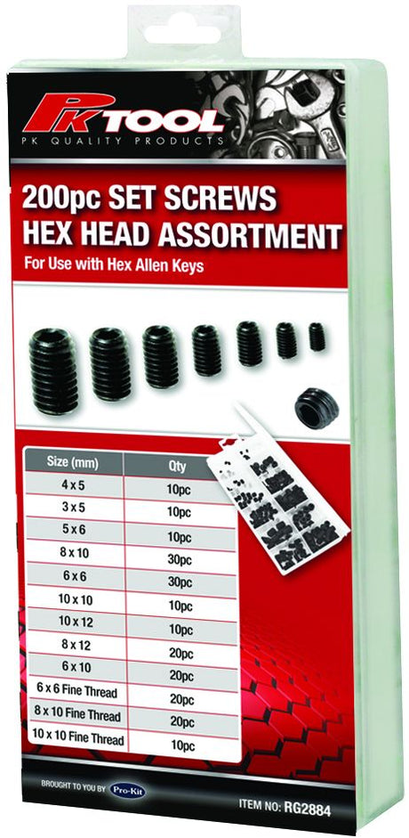 200pc Metric, Flat Point, Set Screw With Hex Socket Assortment Set - PKTool | Universal Auto Spares