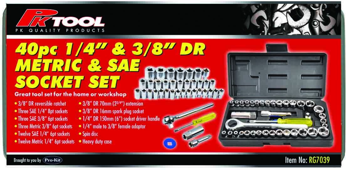 40 Piece 1/4” & 3/8” Drive Metric & SAE Socket Set - PKTool | Universal Auto Spares