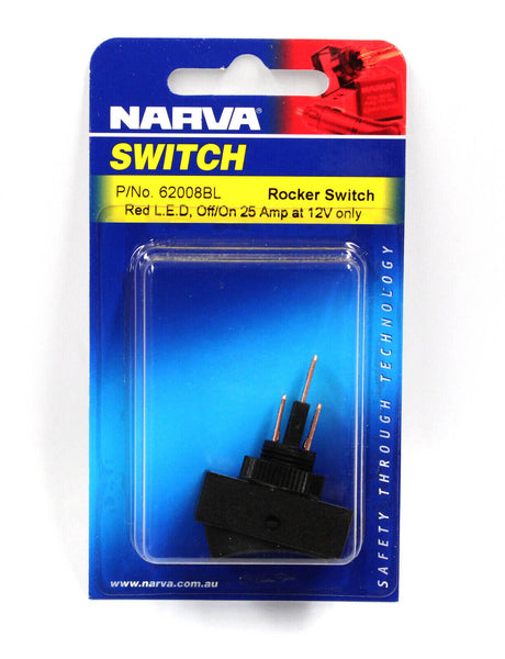 Off/On Rocker Switch With Red Led 25 Amp 12 Volt Mount Hole 12mm - Narva | Universal Auto Spares