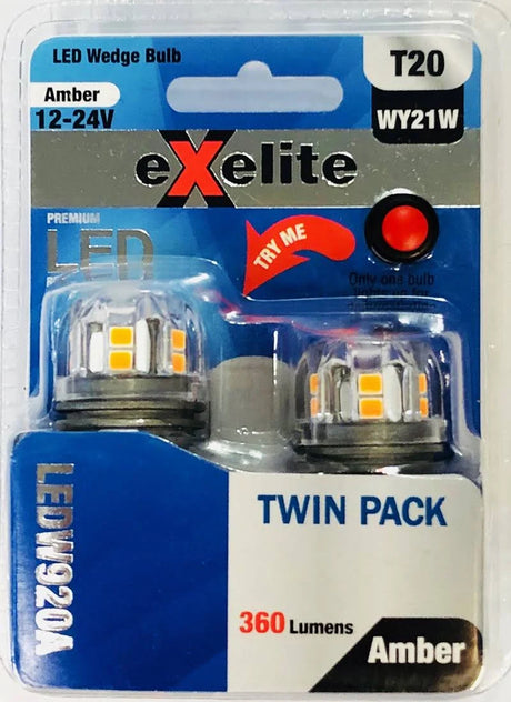 LED Wedge Bulbs 10-30V 21W T20 6000K Amber (2PK) - Exelite | Universal Auto Spares
