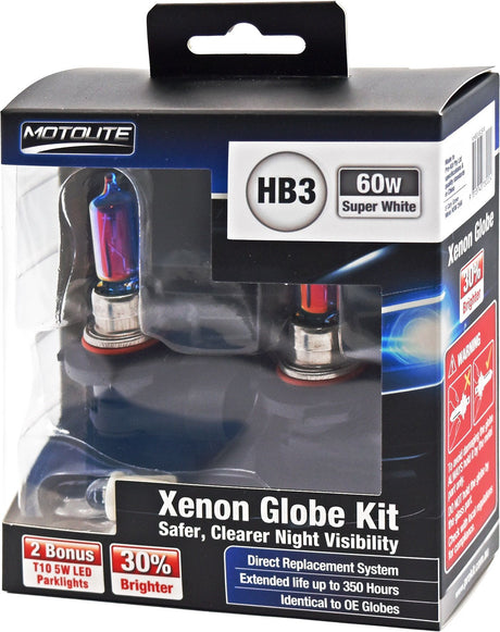 2pc HB3 60W Super White XENON Gas Filled Halogen Globe with BONUS 2pc T10 LED Globes – Motolite | Universal Auto Spares