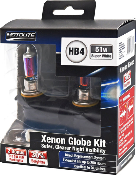 2pc HB4 51W Super White XENON Gas Filled Halogen Globe with BONUS 2pc T10 LED Globes – Motolite | Universal Auto Spares