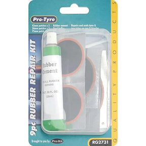 Tyre Repair Kit 9pc With 5 Patches, Steel Buffer, 2 X Valve Tubing - Pro Tyre