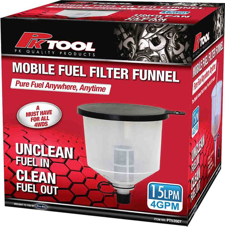 Mobile Fuel Filter Funnel 15LPM / 4GPM, 2L Capacity Funnel - PKTool | Universal Auto Spares