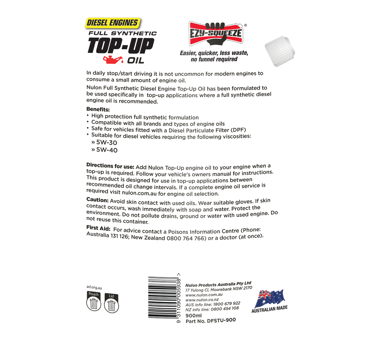 Diesel Engine Full Synthetic Top-Up Oil 900ml - Nulon | Universal Auto Spares