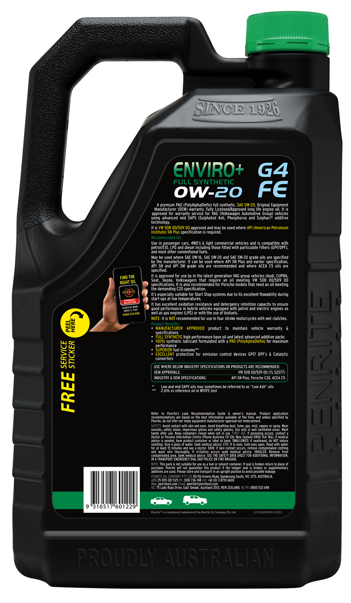 Enviro+ G4 FE 0W-20 (Full SYN) 5L - Penrite | Universal Auto Spares