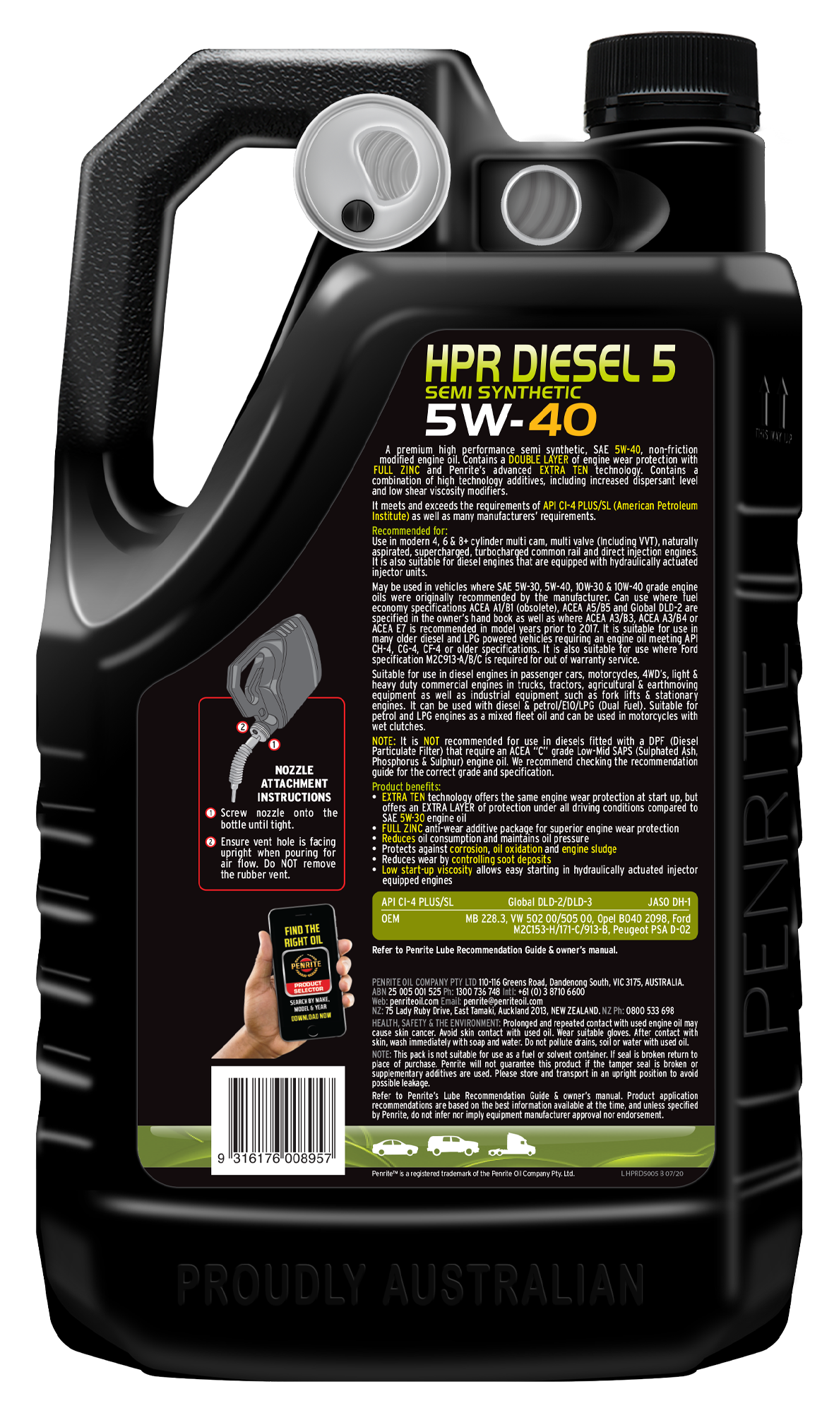 HPR DIESEL 5 5W-40 (Semi Syn.) - Penrite | Universal Auto Spares