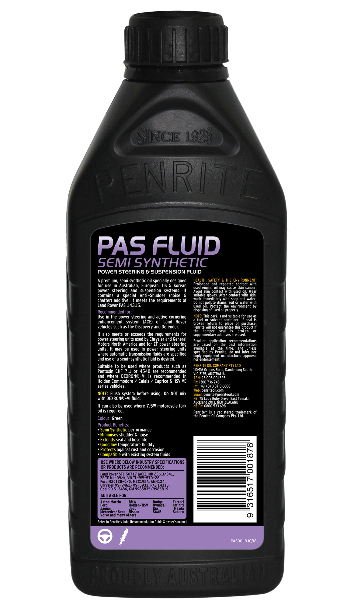 PAS FLUID (Power Assisted Steering Fluid) 1L - Penrite | Universal Auto Spares