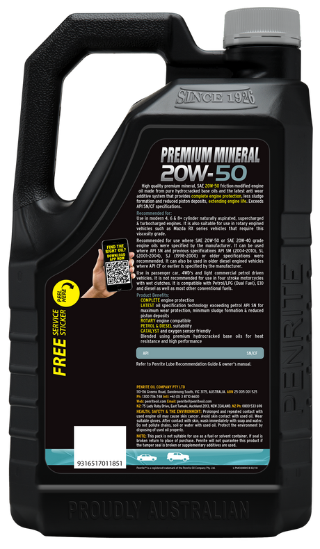 Premium Mineral 20W-50 5L - Penrite | Universal Auto Spares
